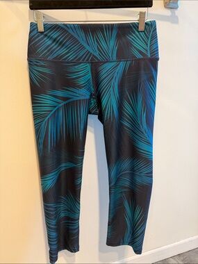 Tropical Palm-Print Swim Leggings — Teal/Black
